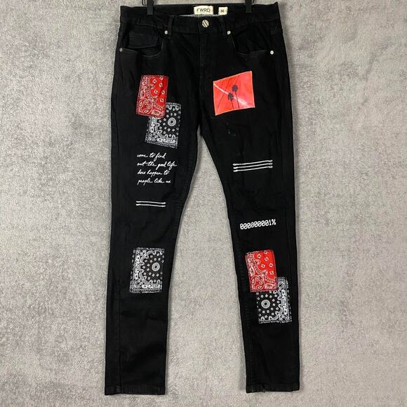 FWRD Denim Jeans Men 36 Black Red Bandana Patch Slim Fit Alt Y2K Revival Edgy